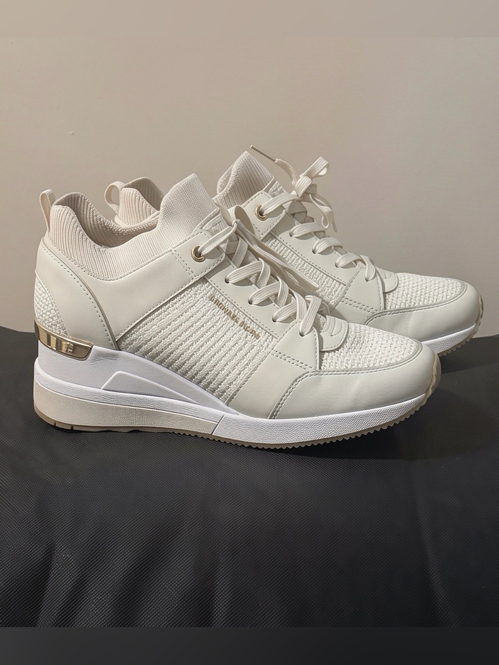 Michael Kors Cream Knit Wedge Sneakers with Gold Accent